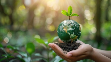 Close-up of hands holding a globe with a sprouting plant, symbolizing environmental conservation, sustainability, and Earth protection.