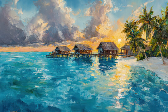 oil painting of Beautiful natural landscape of Maldives in the morning