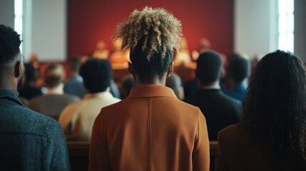 A diverse group of people stand together in worship inside a modern community church.