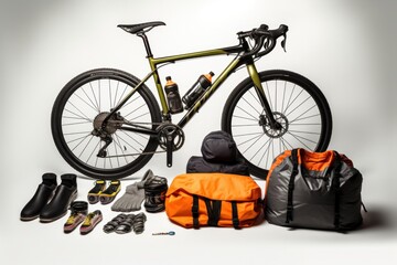 Different modern bicycles and sports equipment on white background. Free time activities, hobbies cycling