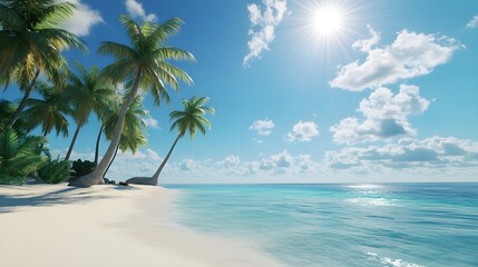 Tropical Beach with Palm Trees and Clear Blue Water under a Bright Sun