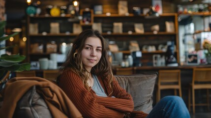 Obraz premium Casual portrait of a woman sitting in a coffee shop