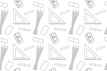 A black-and-white seamless pattern featuring school supplies like pencils, rulers, and erasers. Perfect for back-to-school coloring books.