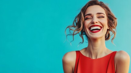 Happy woman in red dress laughing against turquoise background.