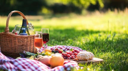 A delightful summer picnic setup featuring wine, fresh fruits, and bread, all spread out on a checkered blanket in a sunny park.
