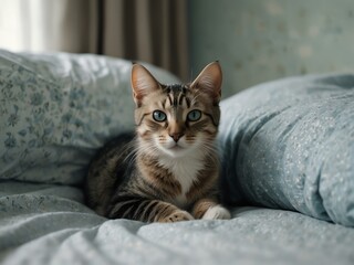 Cat lounging in bed with a light blue theme.