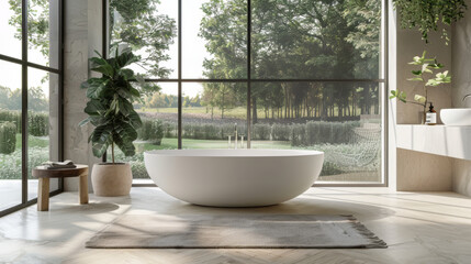 Fototapeta premium A modern bathroom with large white bathtub, indoor plants, and scenic view of nature through large windows. space is serene and inviting
