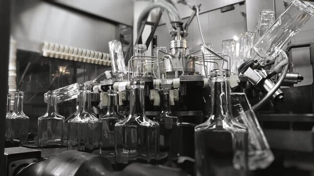 Automated washing of empty rectangular glass bottles on industrial bottling line.