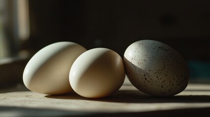 A close-up shot of fresh white eggs nestled in straw, illuminated by warm natural light, emphasizing texture and simplicity.