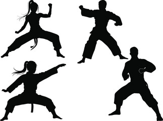 hand-to-hand black fighters isolated four silhouettes