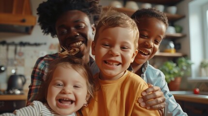 Happy mixed race kids playing together, teen brother helping with baby child sister while multiracial parents African American father and Caucasian mother cooking and distance remote working at home.