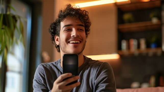 Happy young man holding smart phone using virtual digital voice assistant look at camera at home. Mobile app ai tech assistance, speech recognition command bot audio search concept. Close up portrait