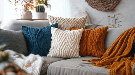 Classic elegant luxury grey interior with a beige sofa, Immerse yourself in the sleek allure of this 3D rendered blue denim sofa