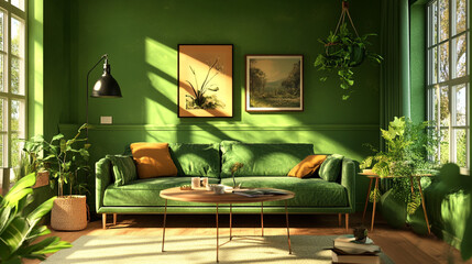 modern living room interior with sofa, green colors, A living room with a green couch and zebra print rug.
