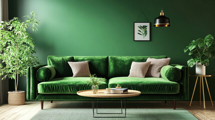 modern living room interior with sofa, green colors, A living room with a green couch and zebra print rug.