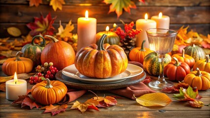 Autumn-themed Thanksgiving table setting with pumpkins, autumn leaves, and candles , Thanksgiving, holiday, fall