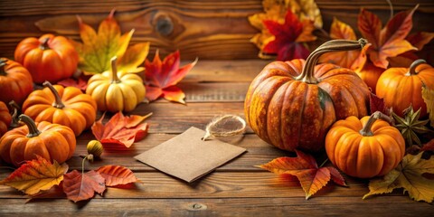 Autumn-themed background with pumpkins, leaves, and a blank tag for customization, Autumn, pumpkin, leaves, background