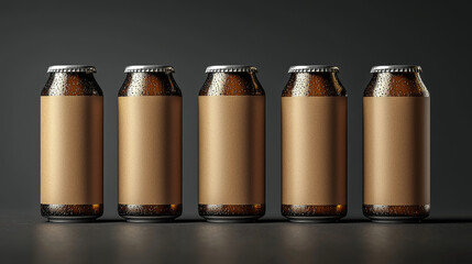Five brown cans with blank labels sit on a dark surface.