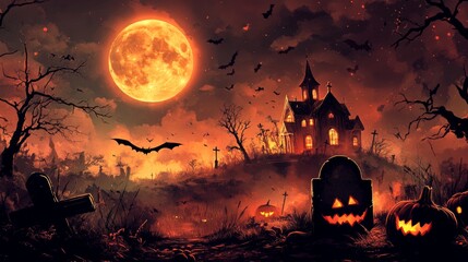 Haunted church with glowing orange moon, bats, and pumpkins under a spooky sky.
