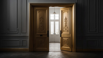 Elegant golden double doors with a dark wall background and light flooding in from a side window