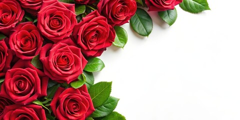 Close-up of red roses with green leaves arranged in a corner border, red, roses, flowers, green leaves, isolated, corner © Collection