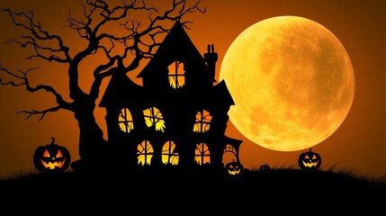 Haunted house silhouette with pumpkins against a full moon backdrop.