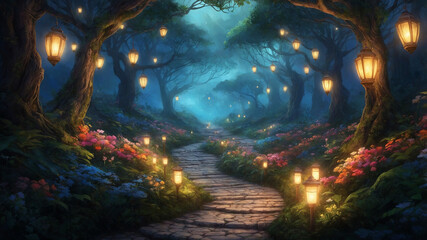 Fototapeta premium Magical forest path with glowing lanterns and colorful flowers, creating a dreamy and enchanted atmosphere.