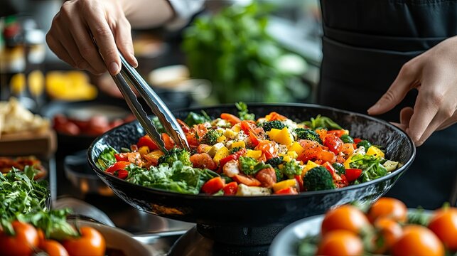 Person serving a salad with tongs from a bowl
