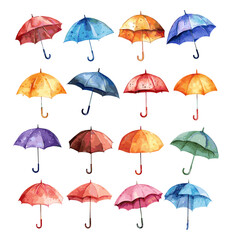 Obraz premium Umbrellas watercolor vector set. Rain shower protection city urban classical modern wear accessory illustrations isolated on white background