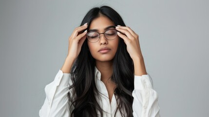 Tired stressed indian business woman feeling headache dry eye strain holding glasses isolated on grey studio background, upset fatigued hindu girl take off eyewear having bad vision problem concept