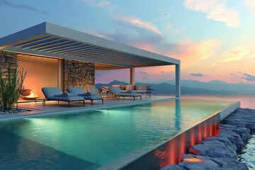 Fototapeta premium pool and lounge chairs, eco-architecture, atmospheric lighting