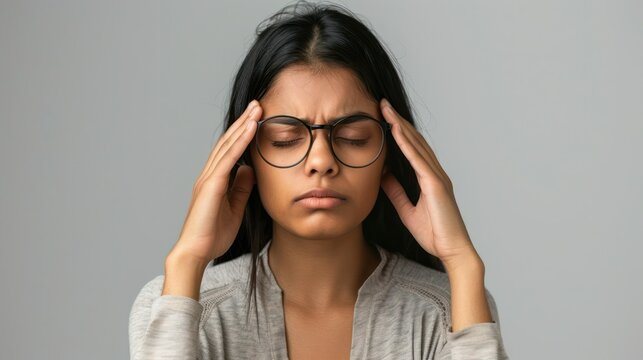 Tired stressed indian business woman feeling headache dry eye strain holding glasses isolated on grey studio background, upset fatigued hindu girl take off eyewear having bad vision problem concept