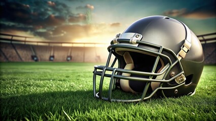 Fototapeta premium American football helmet resting on the grass field , sports equipment, protection gear, helmet, NFL, game day