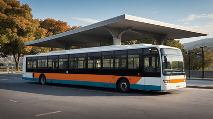 A modern long bus parked at a bus stop with a large roof shelter under a clear sky with visible trees.