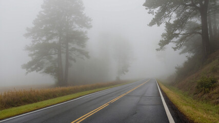 Fototapeta premium A serene misty road winds through a foggy forest in the early morning haze, creating a tranquil atmosphere.