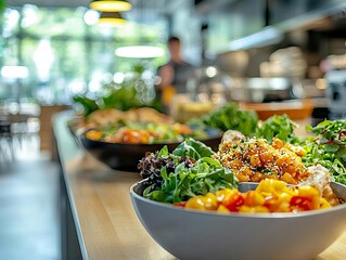 Office cafeteria with healthy meal options, emphasizing company wellbeing programs and dietary benefits