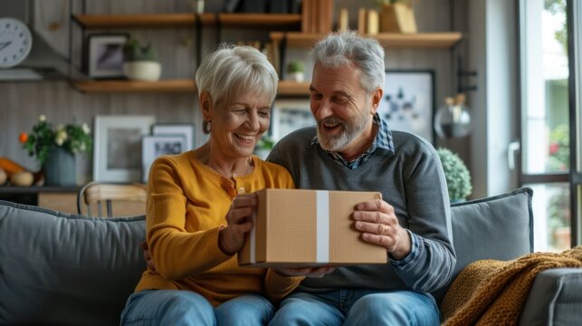 Happy mature couple customers unpacking parcel sitting at home on couch. Senior middle aged grandparents opening online store order receiving gift in postal delivery shipping box.