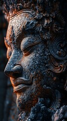 Captivating Close-up of an Intricately Carved Stone Sculpture Depicting the Detailed Facial Features of a Mythological or Spiritual Deity Figure