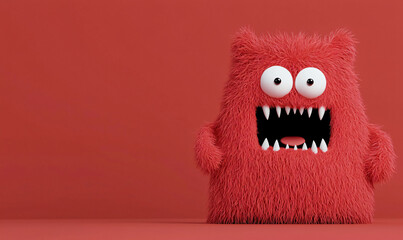 Fototapeta premium Furry cyclops monster with big smile and wide eyes, showcasing its playful and friendly demeanor against vibrant red background