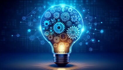 Lightbulb made of interconnected gears and icons representing business and creativity, complex ideas, mechanical creativity