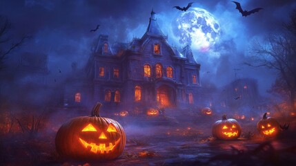 Haunted mansion with glowing pumpkins under a full moon.