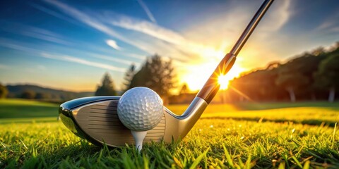 Golf club driver and ball getting ready to tee off on a sunny day
