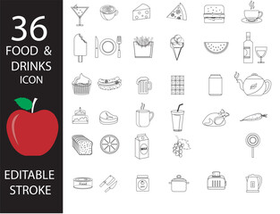 Food and Drink Line Icon Set Collection: Restaurant, Hotel, Fast Food, Menu, Online Food Apps, Web Outline Icons Collection, Culinary, Beverages, Dining, Gourmet, Takeout, Delivery, Kitchenware, Cuisi