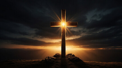 Illuminated wooden cross stands against a dramatic sunset background with rays of light shining through.