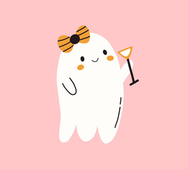 Kawaii ghost girl with bow glass of cocktail. Spooky funny happy character. Halloween cute flying ghost. Childish boo phantom character for kids. Vector flat hand drawn illustration