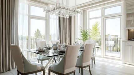 Modern Dining Room with Glass Table and Large Windows