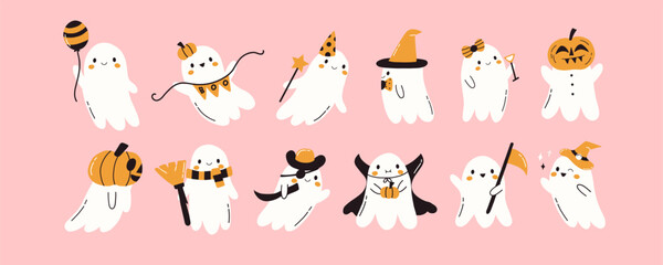 Set of kawaii ghost. Spooky funny happy character. Halloween cute flying pumpkin ghosts. Childish boo phantom characters for kids. Vector flat hand drawn illustration