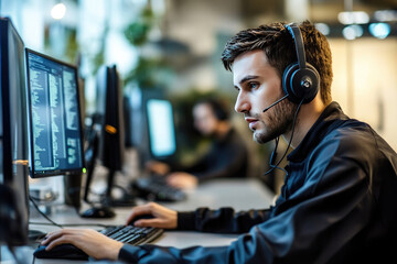 Male call center employee wearing headset and working on computer doing customer service.