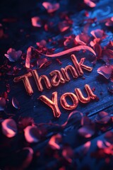 Glowing 'Thank You' text surrounded by pink flower petals on blurred dark background