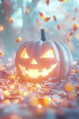 Glowing Halloween pumpkin in autumn foliage